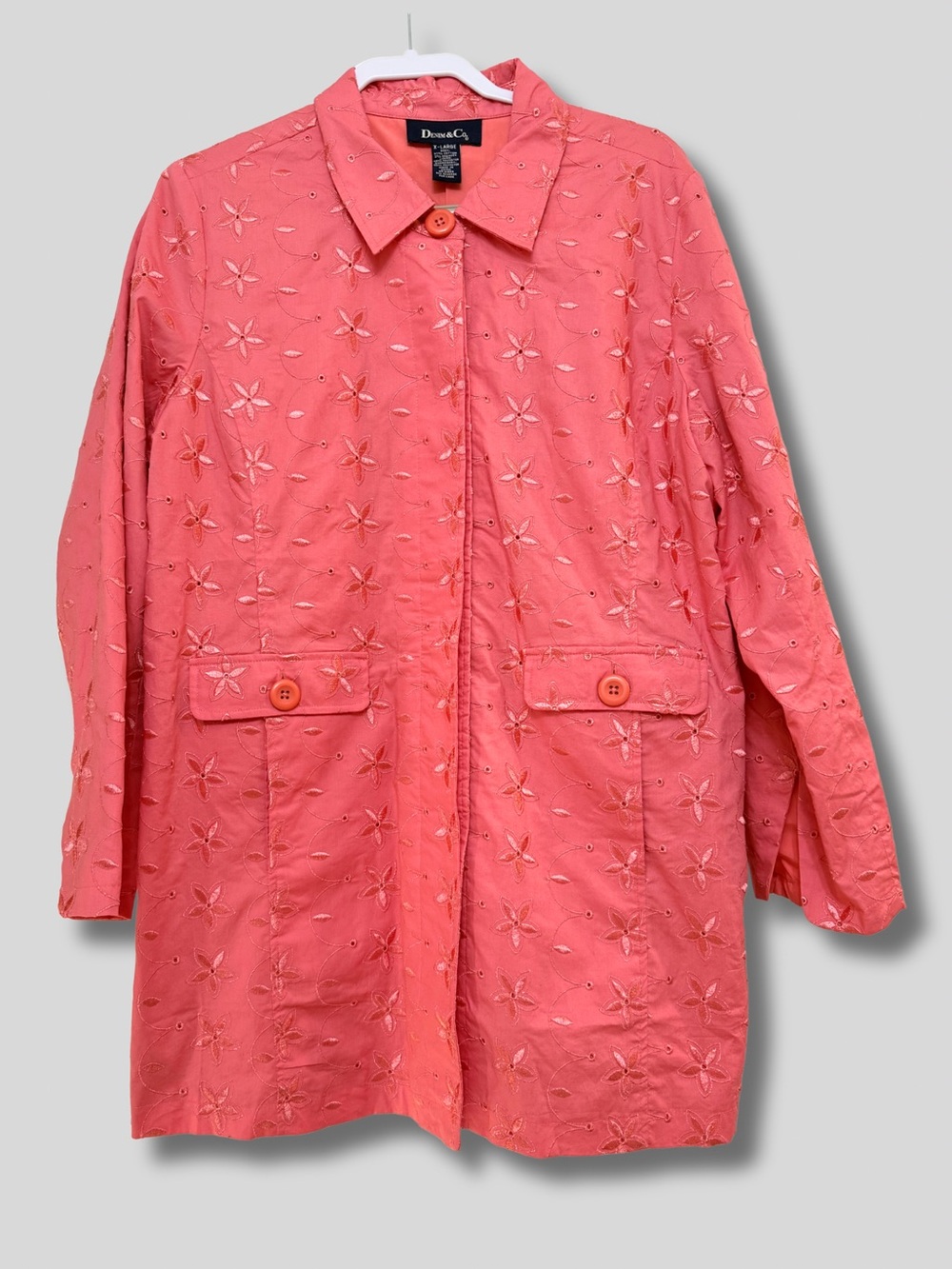 Denim&Co Pink Flower Eyelet Embroidered Cotton Lined Jacket